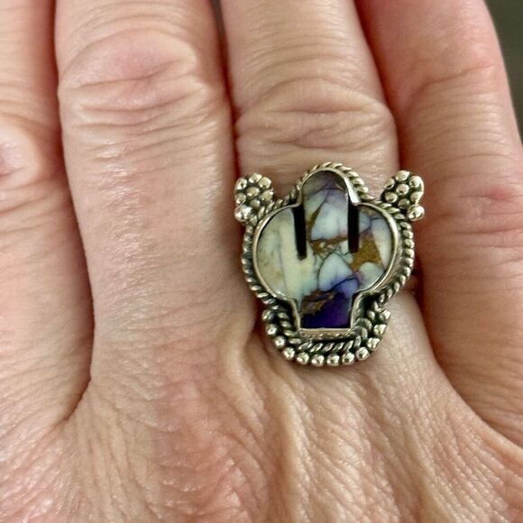 Western Purple Dahlia Turquoise Cactus Boho Statement Ring Sterling Silver Sz 6 - Picture 8 of 8